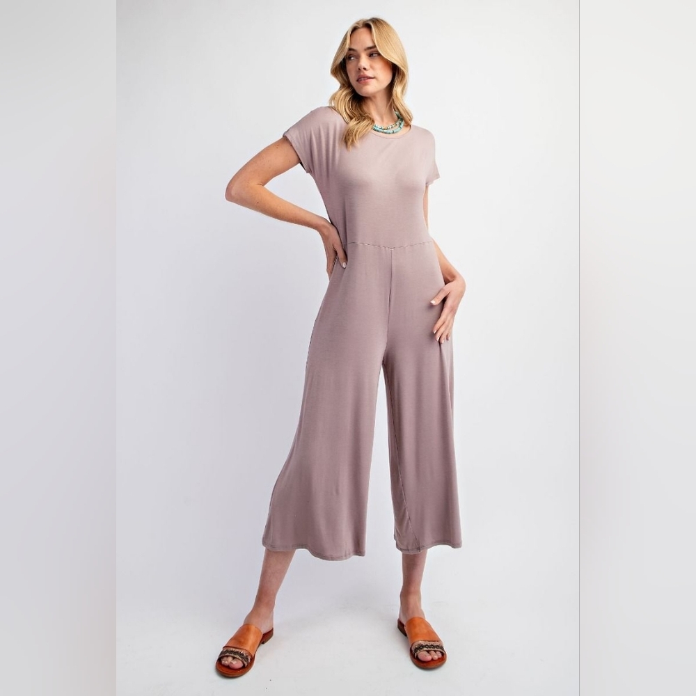 Easel Mauve Rayon Blend Short-Sleeve Cropped Wide Leg Flowy Jumpsuit w/ Pockets